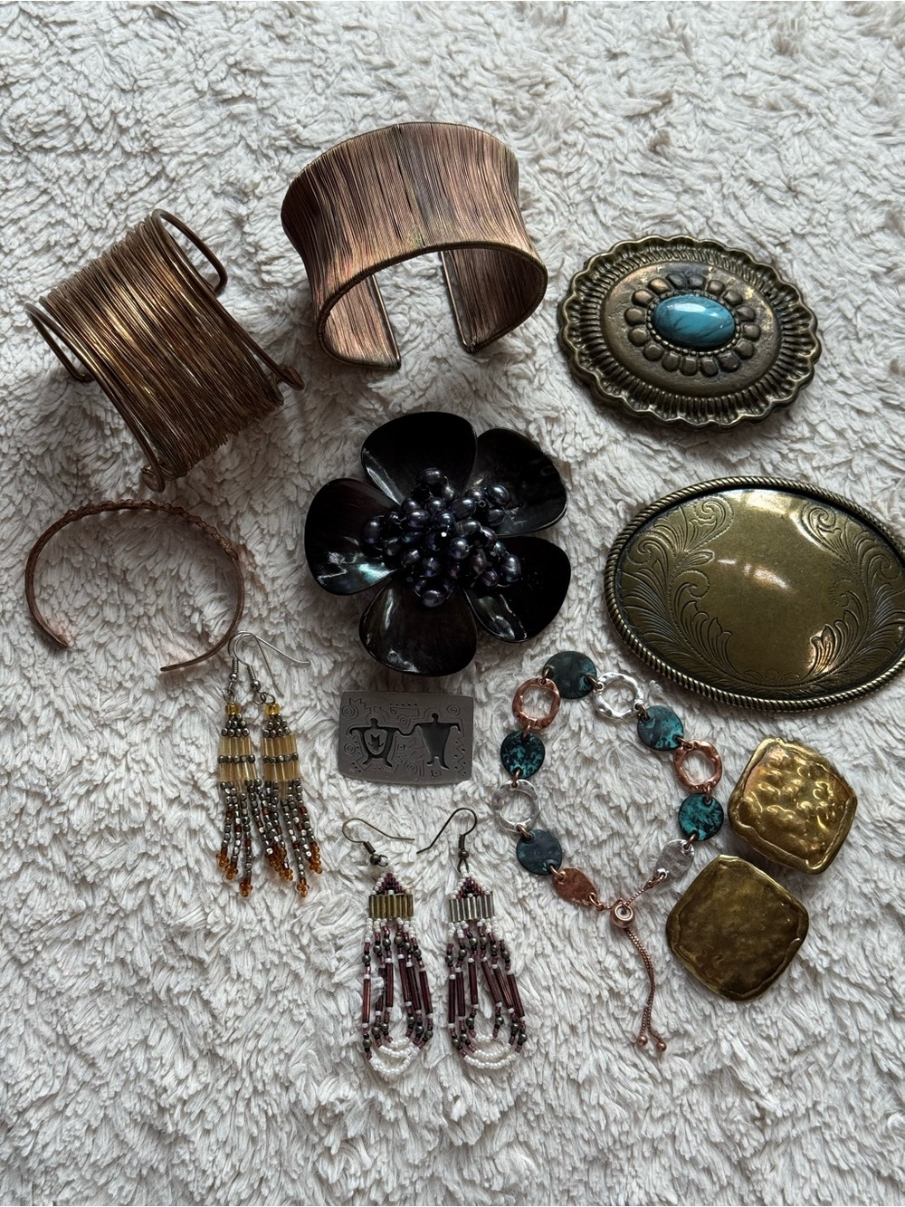 Vintage jewelry bundle, 4 bracelets, 2 pins, 3pr earrings, 2 belt buckles. - Picture 14 of 16